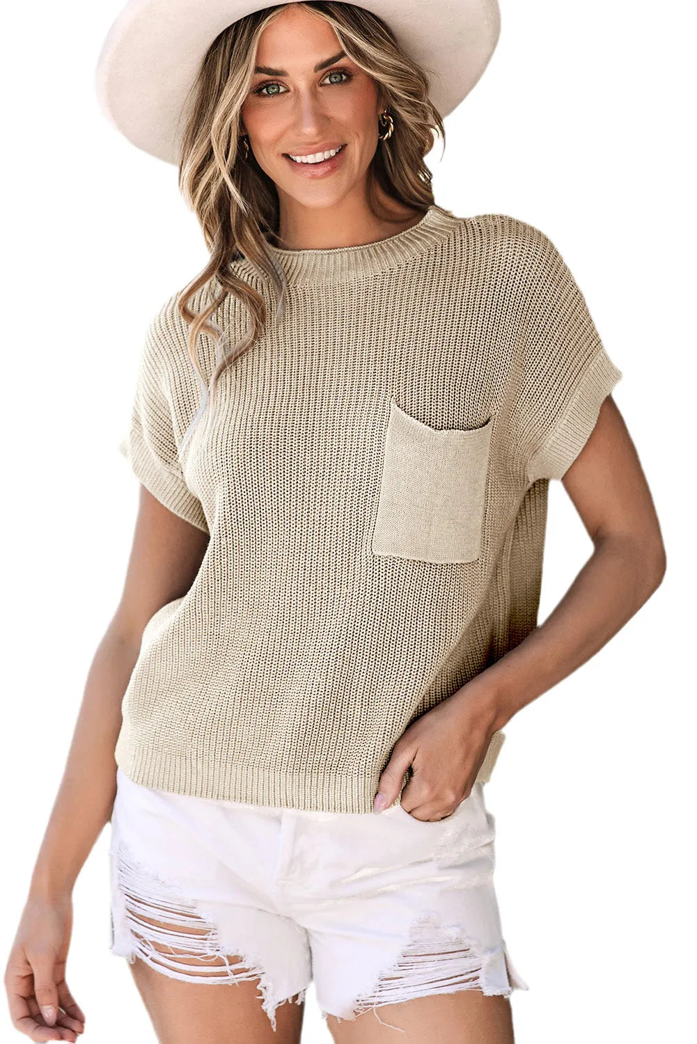 Pale Khaki Patch Pocket Short Sleeve Sweater - Chic Meadow Boutique 