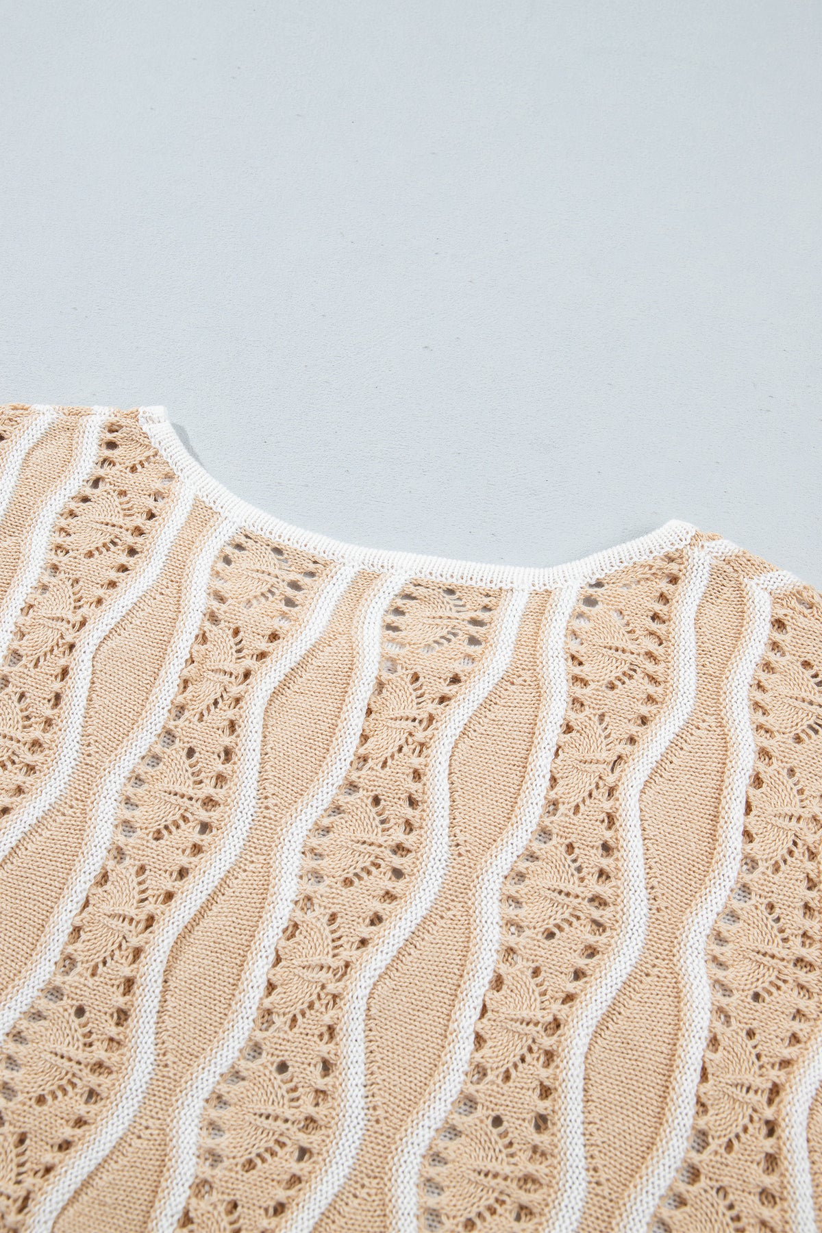 Khaki Wavy Detail Hollow Out Knit Long Sleeve Cotton Pullover Sweater