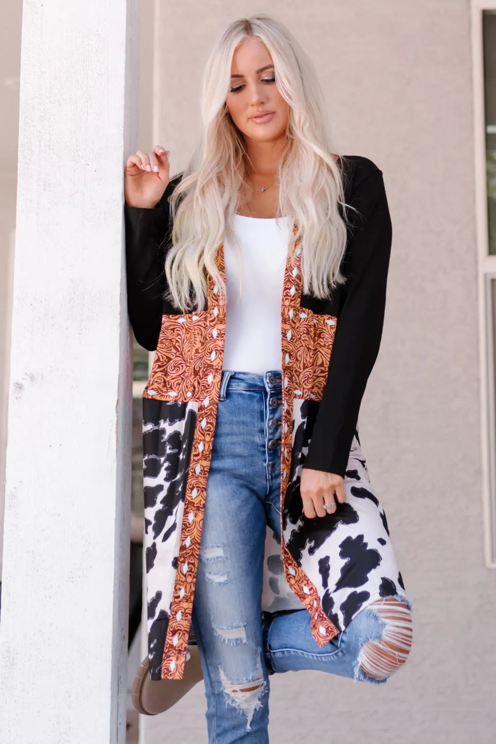 Black Western Pattern Cow Patchwork Open Front Cardigan - Chic Meadow Boutique 