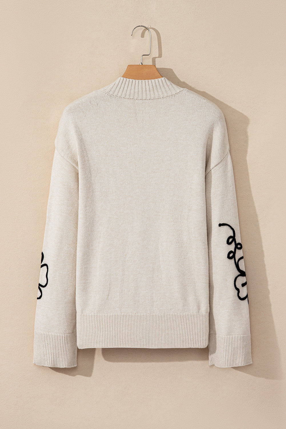 Beige Flower Stitching Mock Neck Sweater