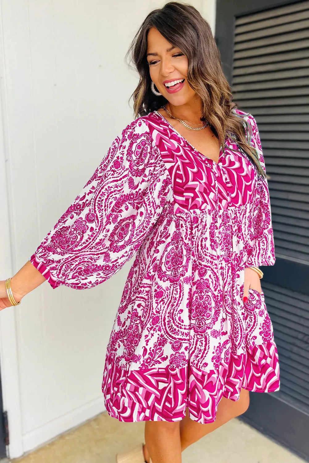 Rose Bohemian Print Puff Sleeve Tied V Neck Flared Mini Dress - Chic Meadow Boutique 