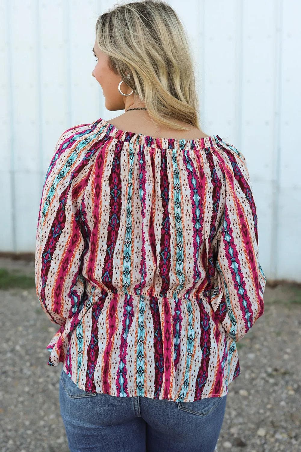 Tops/Blouses & Shirts Multicolour Western Aztec Split Neck Peplum Blouse