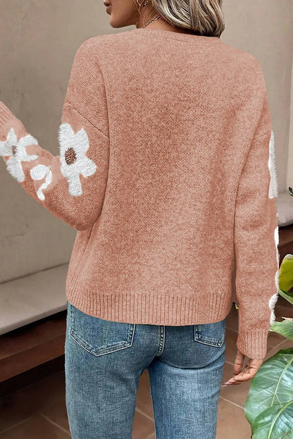 Light Pink Flower Sleeve Drop Shoulder Sweater - Chic Meadow Boutique 