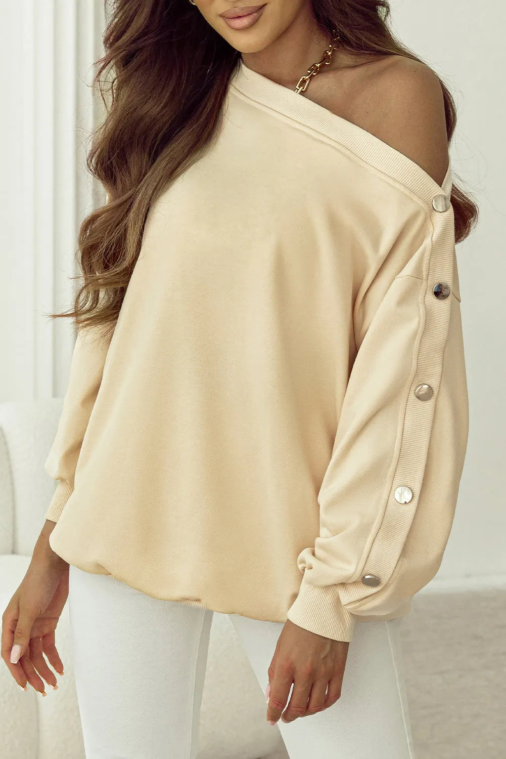 Beige Buttoned Sleeve Dropped Shoulder Sweatshirt - Chic Meadow Boutique 