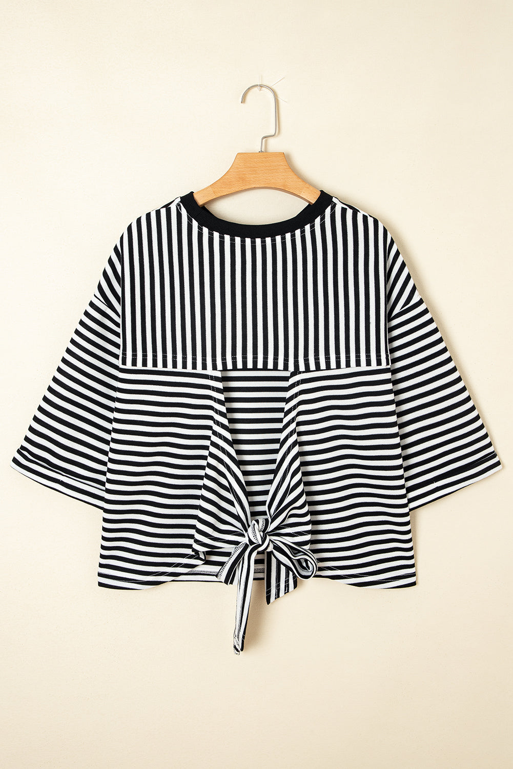 Black Stripe Bowknot Cutout Back Drop Shoulder Wide Bracelet Sleeve Loose Tee