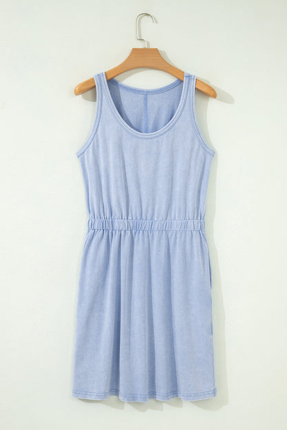Ashleigh Blue Mineral Wash U Neck Elastic Waist Sleeveless Mini Dress