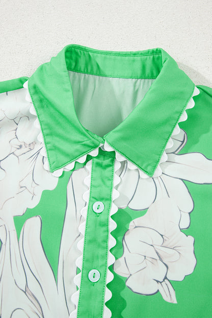 Green Floral Ric Rac Edge Puff Sleeve Button Up Summer Shirt