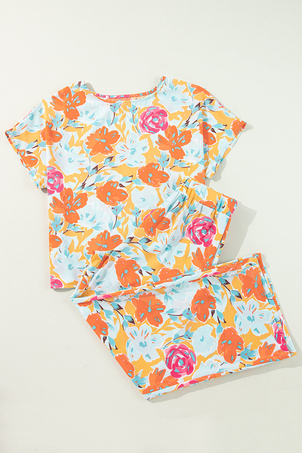 Orange Vibrant Floral Printed Short Sleeve Top 2 Piece Pants Set