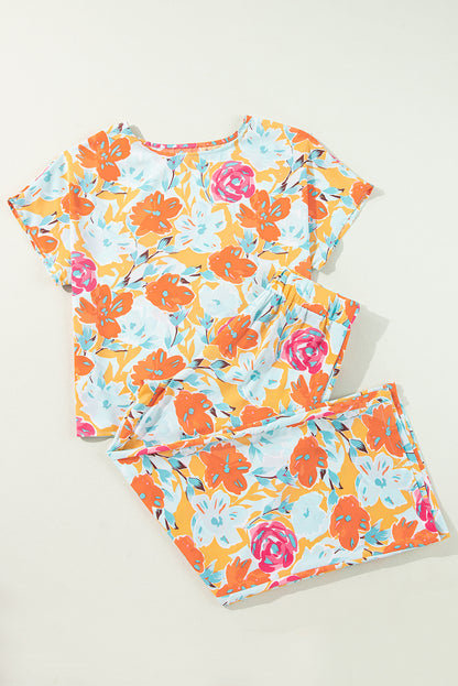 Orange Vibrant Floral Printed Short Sleeve Top 2 Piece Pants Set