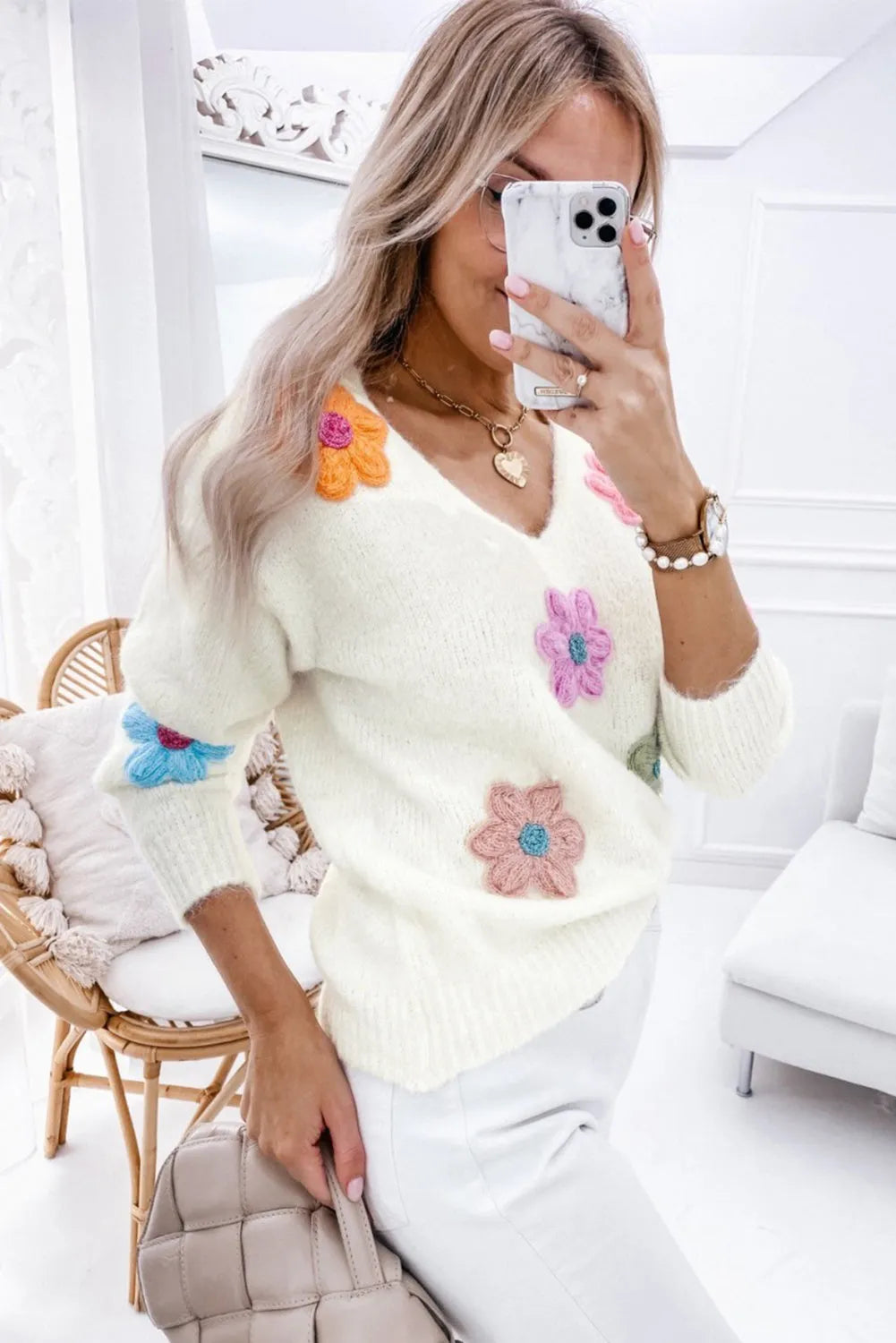 White Crochet Flower V Neck Sweater - Chic Meadow Boutique 