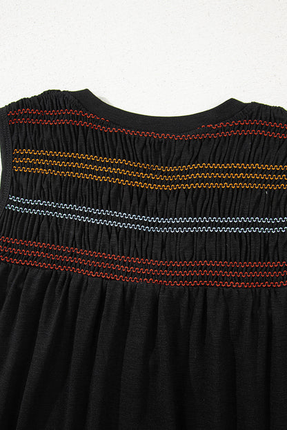 Black Colorful Shirred Yoke Notched V Neck Tank Top