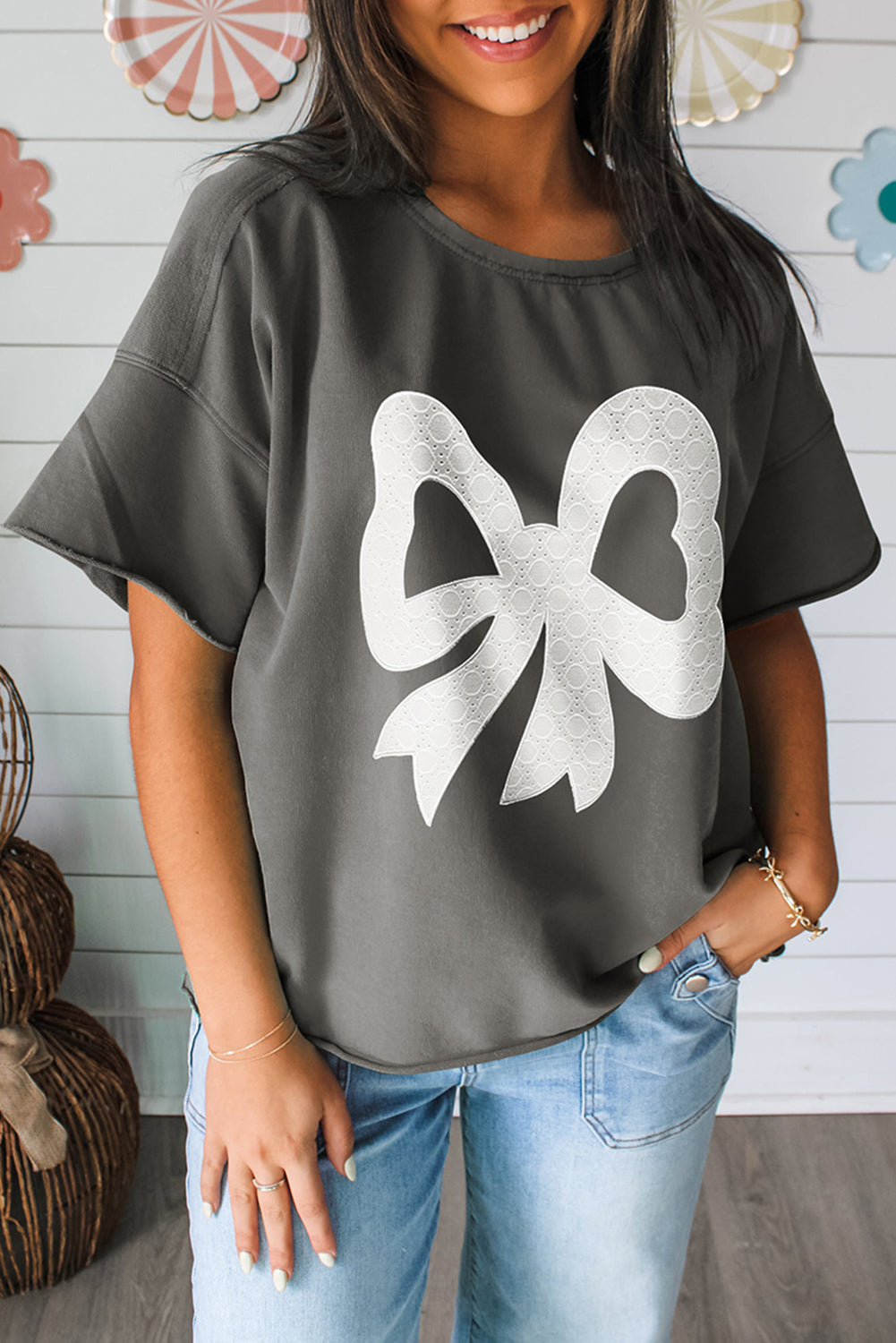 Medium Grey Lace Bow Raw Edge Drop Shoulder Casual T Shirt