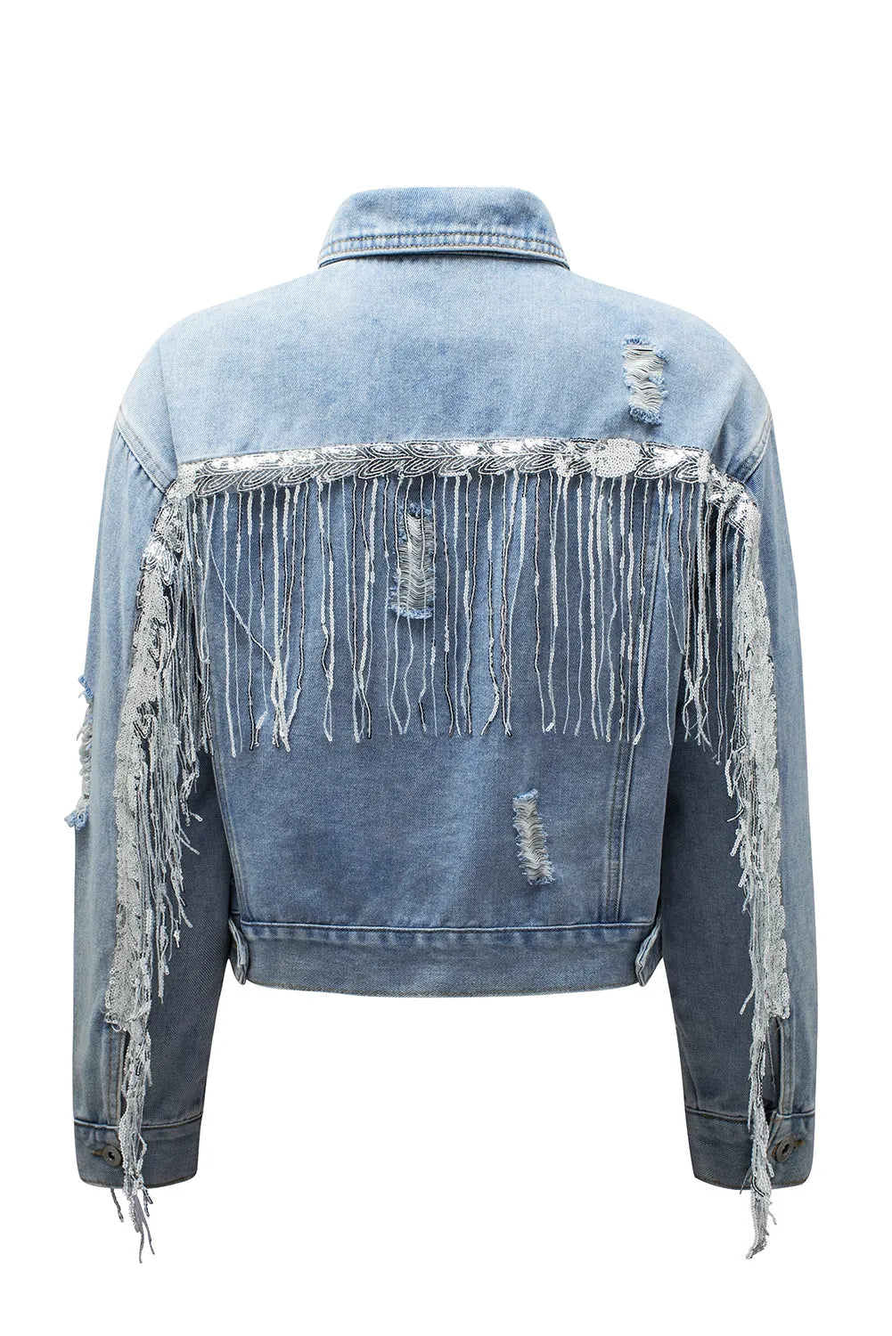 Sky Blue Sequin Embellished Fringe Distressed Denim Jacket - Chic Meadow Boutique 