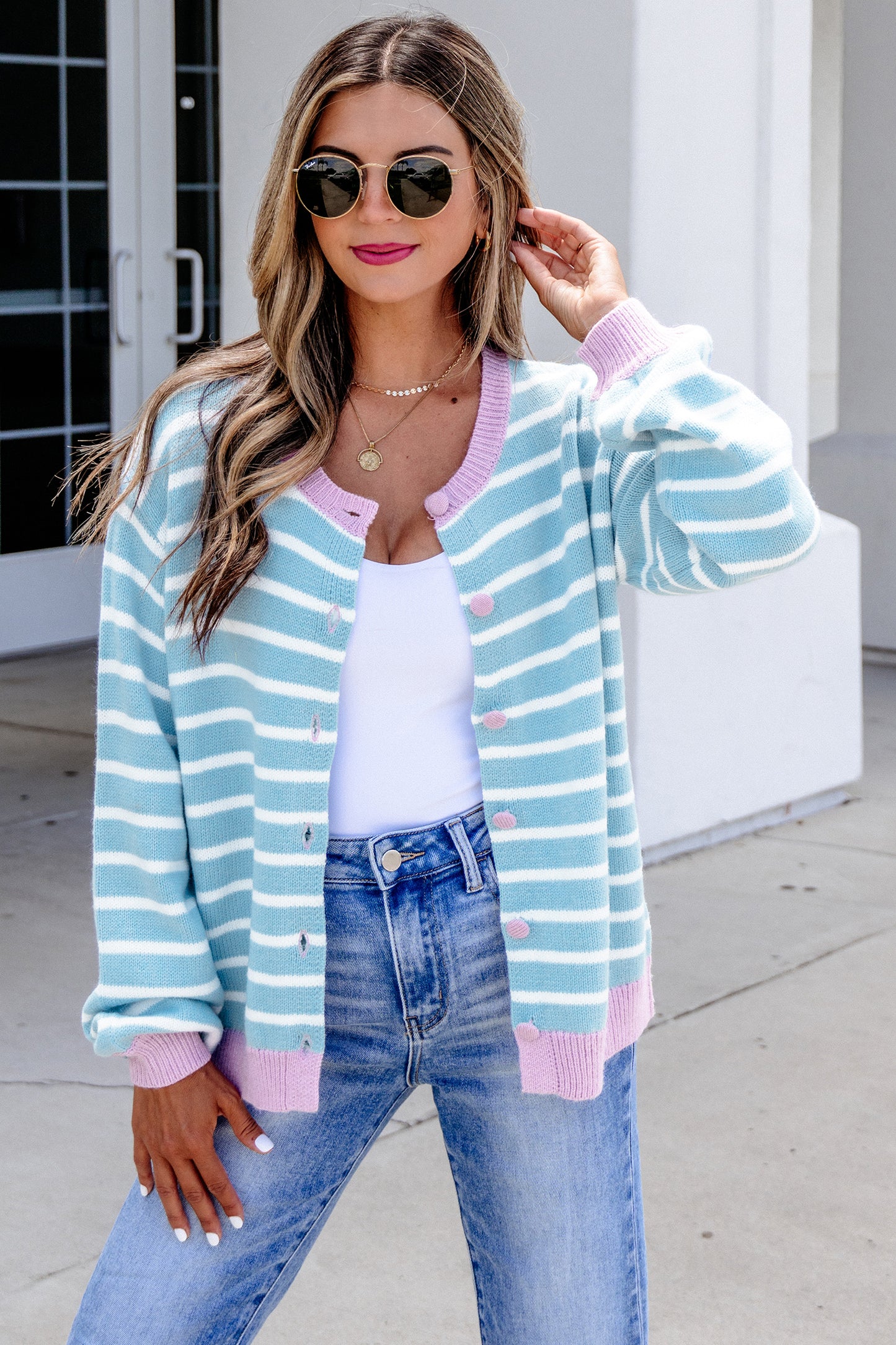 Sky Blue Stripe Striped Long Sleeve Round Neck Casual Open Front Cardigan
