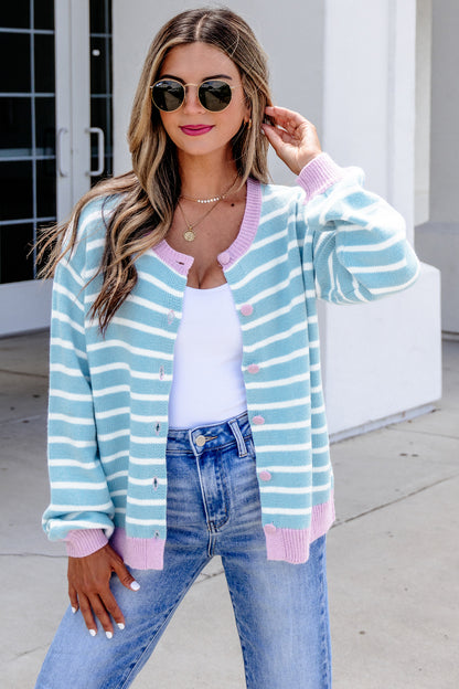 Sky Blue Stripe Striped Long Sleeve Round Neck Casual Open Front Cardigan