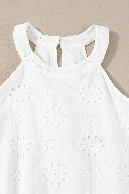 White Boho Eyelet Pattern Halter Neck Sleeveless Dress - Chic Meadow Boutique 