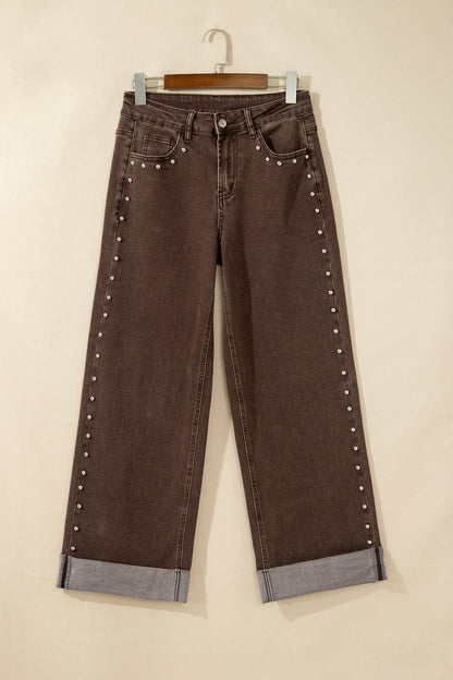 Coffee Studded Detail Straight Leg Casual Loose Jeans