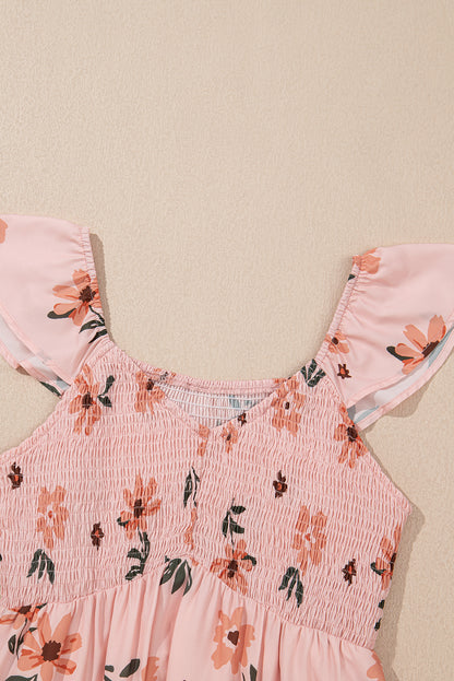 Pink Floral V Neck Smocked High Waist Ruffle Hem Long Dress