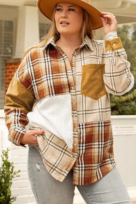 Plus Size/Plus Size Outerwear Gold Brick / 1X / 100%Polyester Golden Apricot Plus Size Plaid Patchwork Button up Shacket