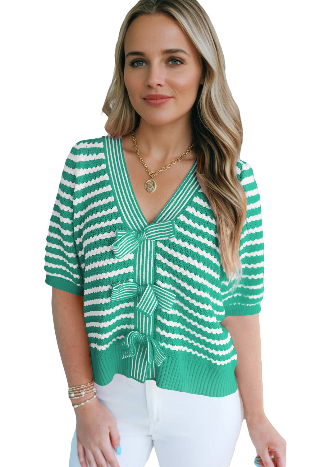 Green Stripe Short Sleeve Knit V Neck Bow Knot Sweater