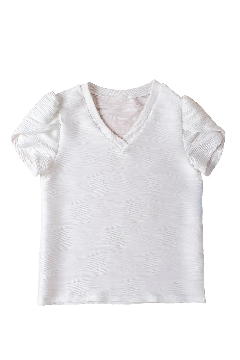 White Solid Color Textured V Neck Short Sleeve Top - Chic Meadow Boutique 