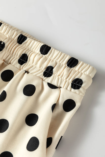 Beige Polka Dot Oversized Top Drawstring Short Set