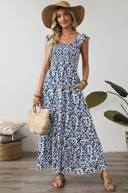 Sky Blue Boho Print Smocked High Waist Maxi Dress