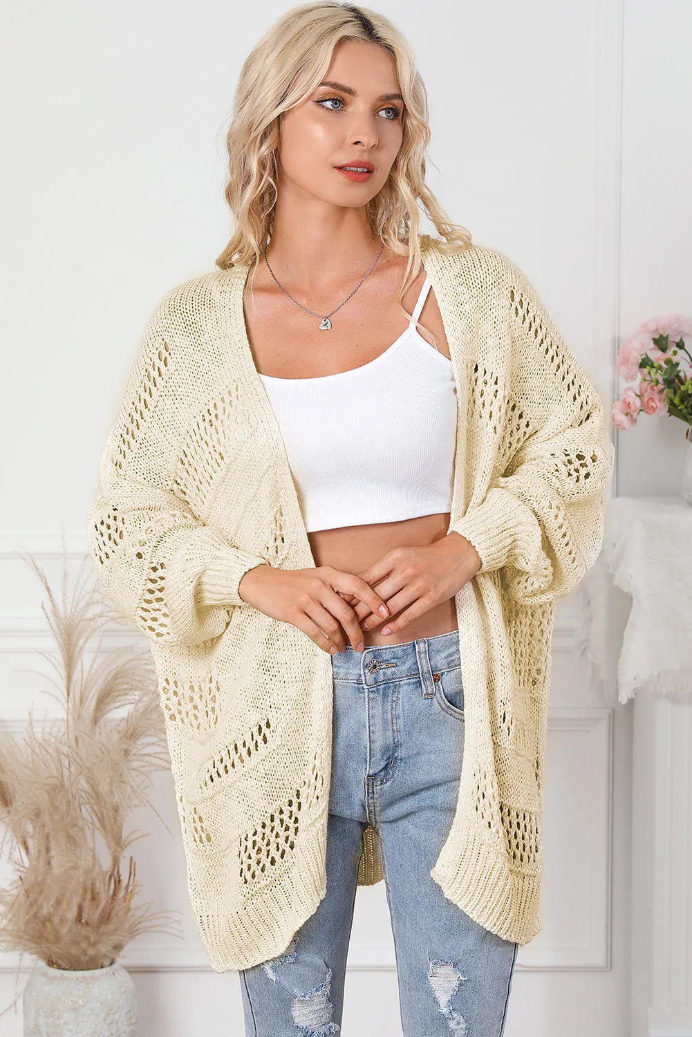 Apricot Casual Hollowed Knit Dolman Sleeve Cardigan - Chic Meadow Boutique 