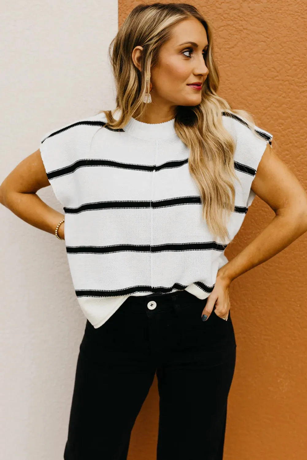 White Striped Batwing Sleeve Sweater Tee - Chic Meadow Boutique 