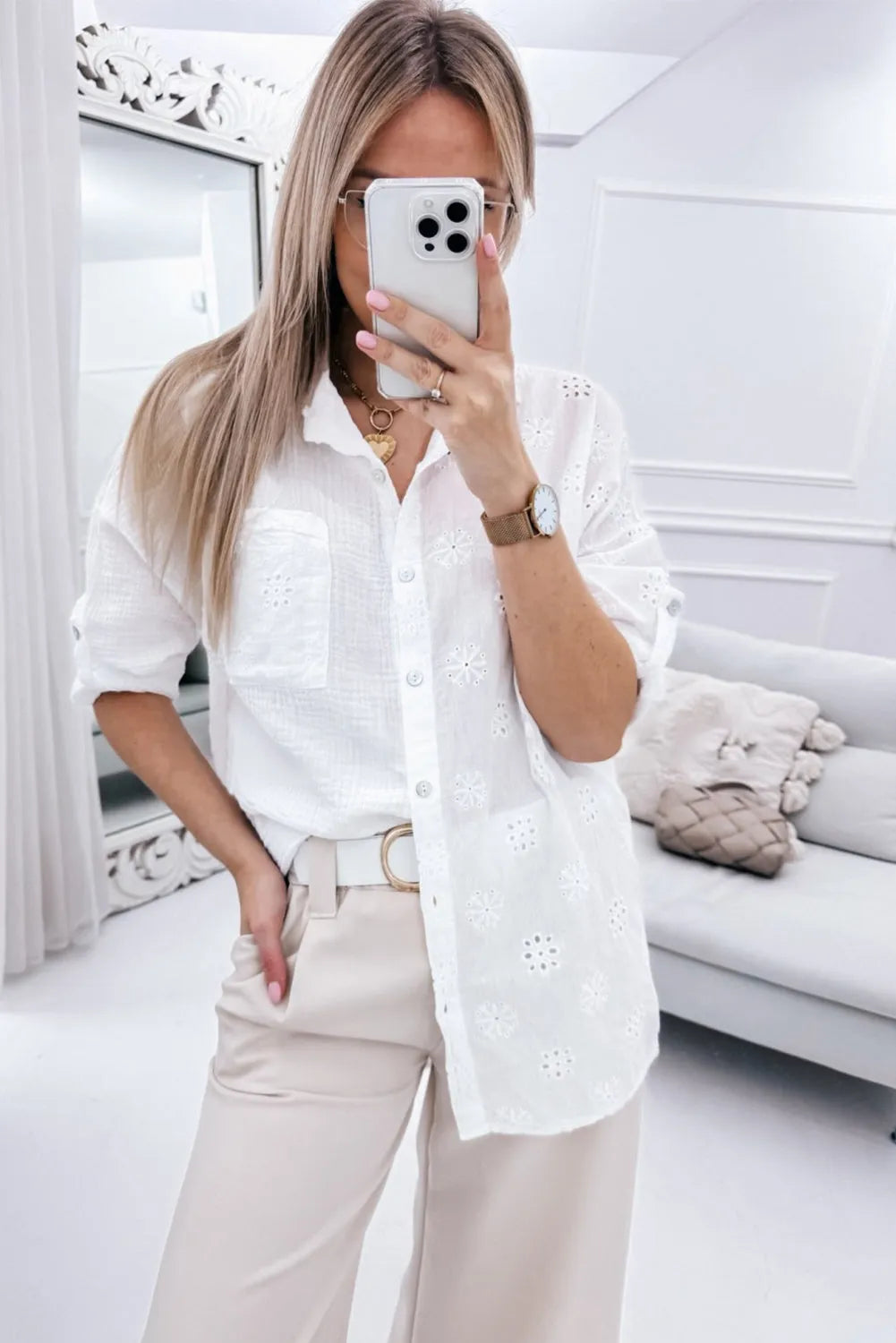 White Broidered Anglaise Crinkle Loose Shirt - Chic Meadow Boutique 