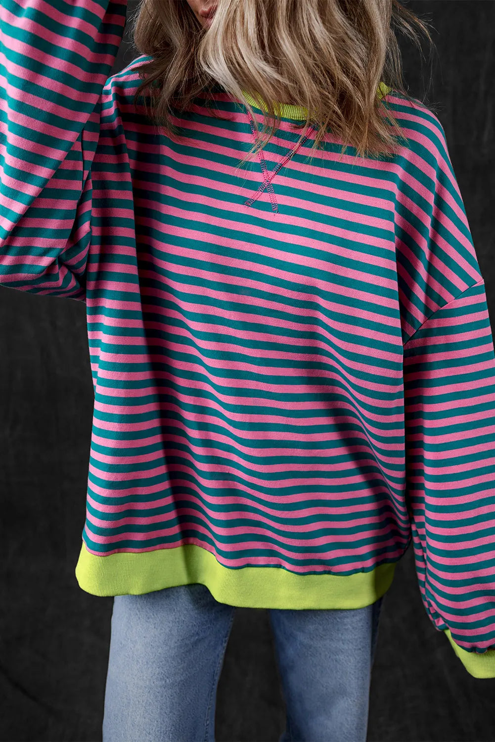 Green Stripe Oversized Contrast Trim Pullover Sweatshirt - Chic Meadow Boutique 