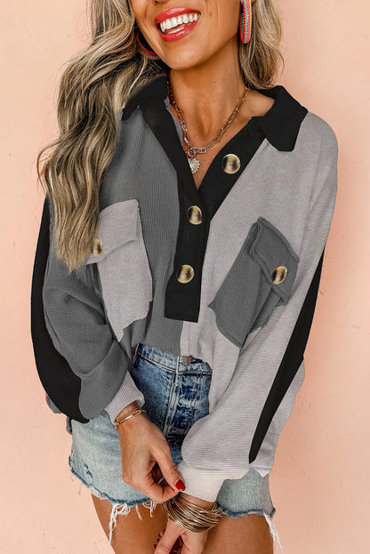 Gray Colorblock Ribbed Collared Oversized Sweatshirt - Chic Meadow Boutique 