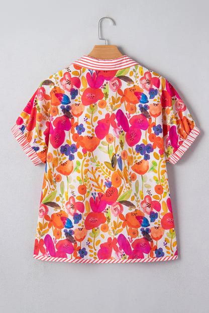 Rose Striped Trim Collared V Neck Short Sleeve Floral Print Blouse