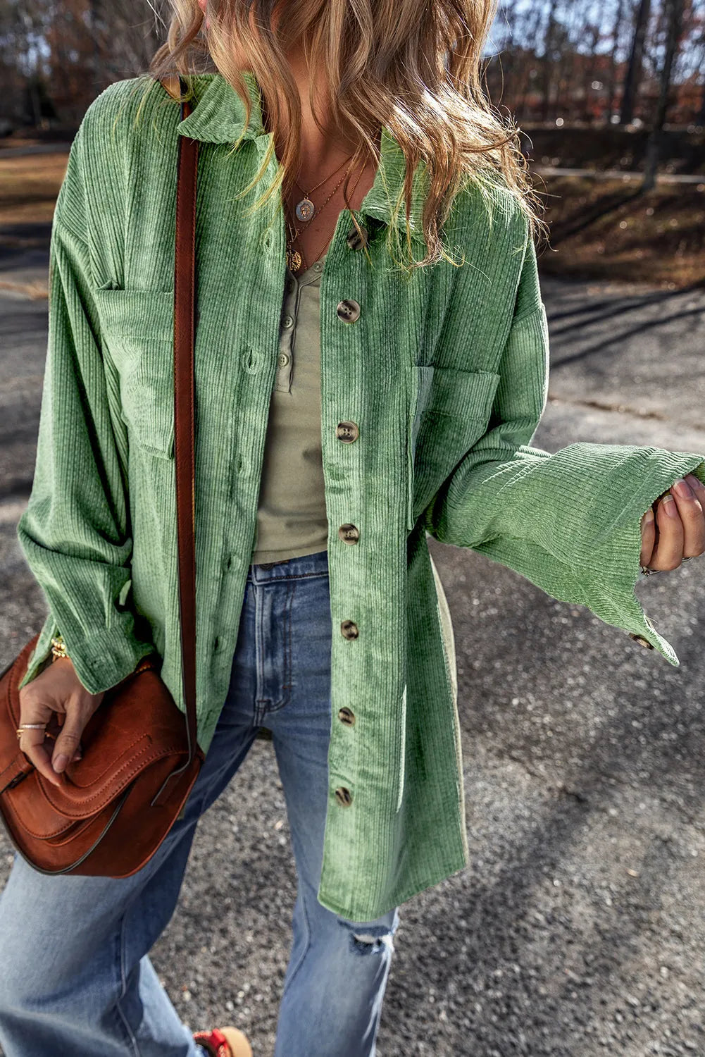 Mist Green Patched Pocket Button Up Corduroy Shacket - Chic Meadow Boutique 