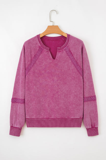 Rose Red Lace Patchwork Detail Notched Neck Mineral Wash Baggy Sweatshirt