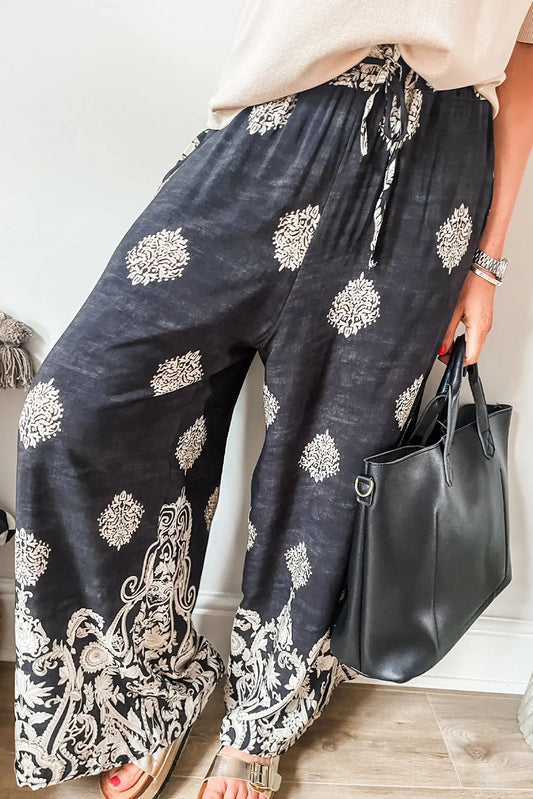 Black Bohemian Printed Drawstring Waist Wide Leg Pants - Chic Meadow Boutique 