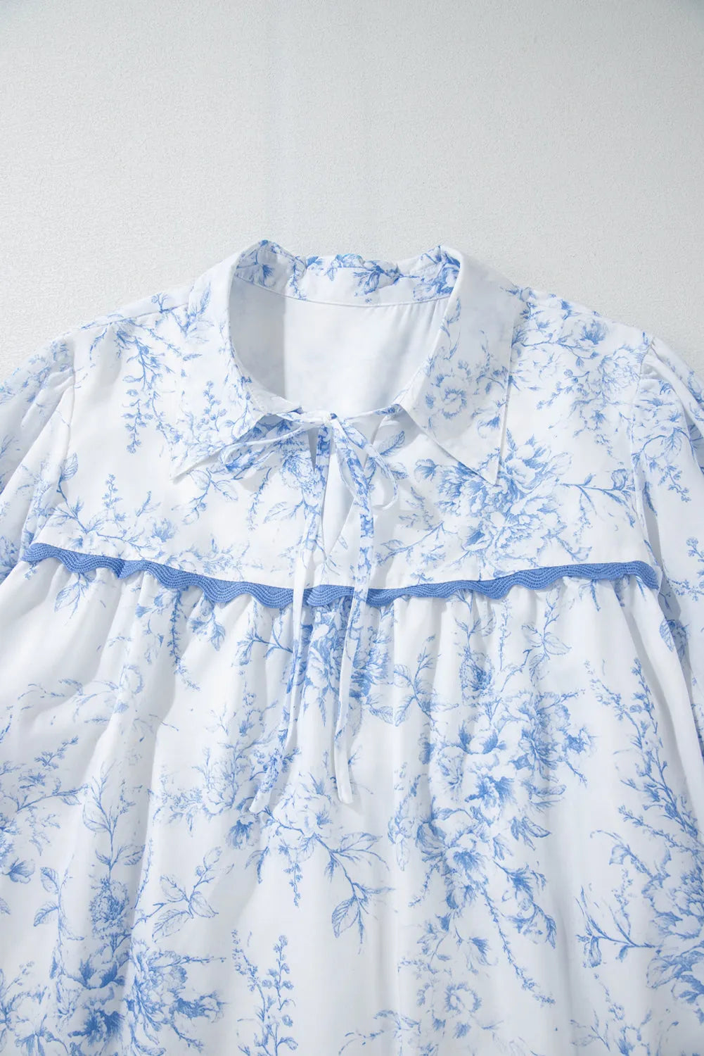 Sky Blue Floral 3/4 Sleeve Tied Collar Blouse - Chic Meadow Boutique 