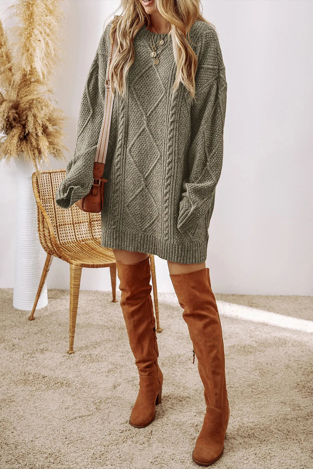 Mist Green Cable Knit Drop Shoulder Loose Fit Sweater Dress - Chic Meadow Boutique 