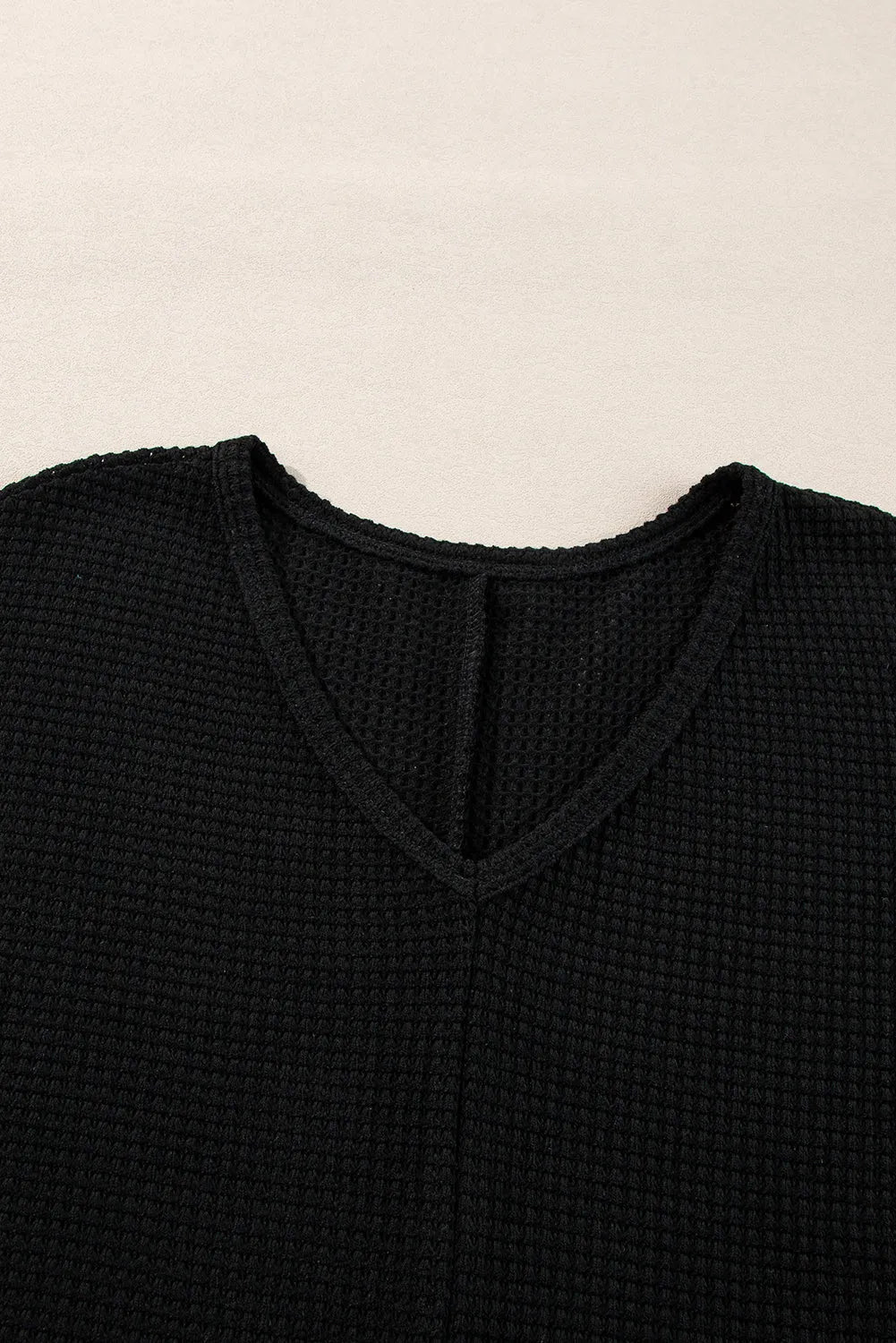 Black Waffle Knit Side Slits Loose Fit V Neck Top - Chic Meadow Boutique 