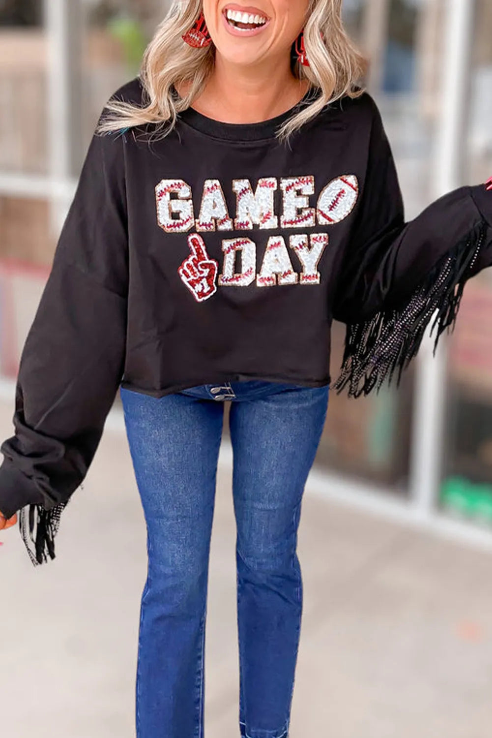 Black GAME DAY Rugby Sequined Tasseled Cropped Sweatshirt - Chic Meadow Boutique 