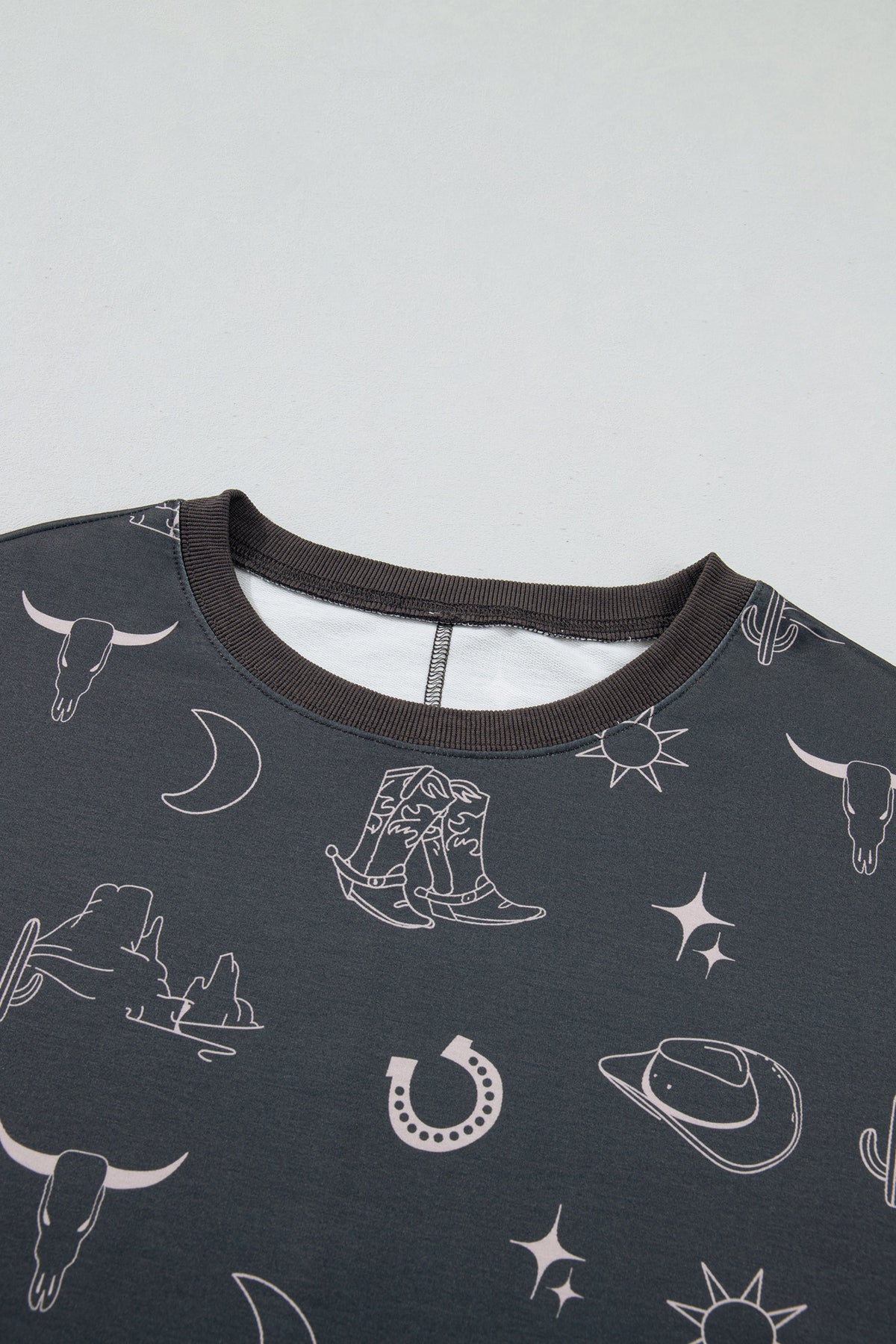 Gray Western Print Crew Neck Sweatshirt