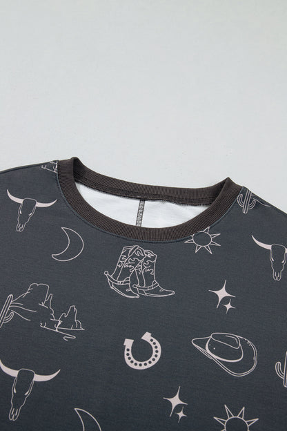 Gray Western Print Crew Neck Sweatshirt