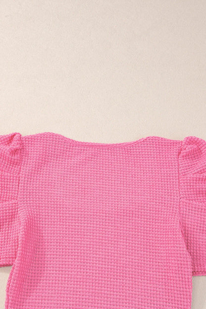 Bright Pink Waffle Knit Ruched Puff Sleeve Top - Chic Meadow Boutique 