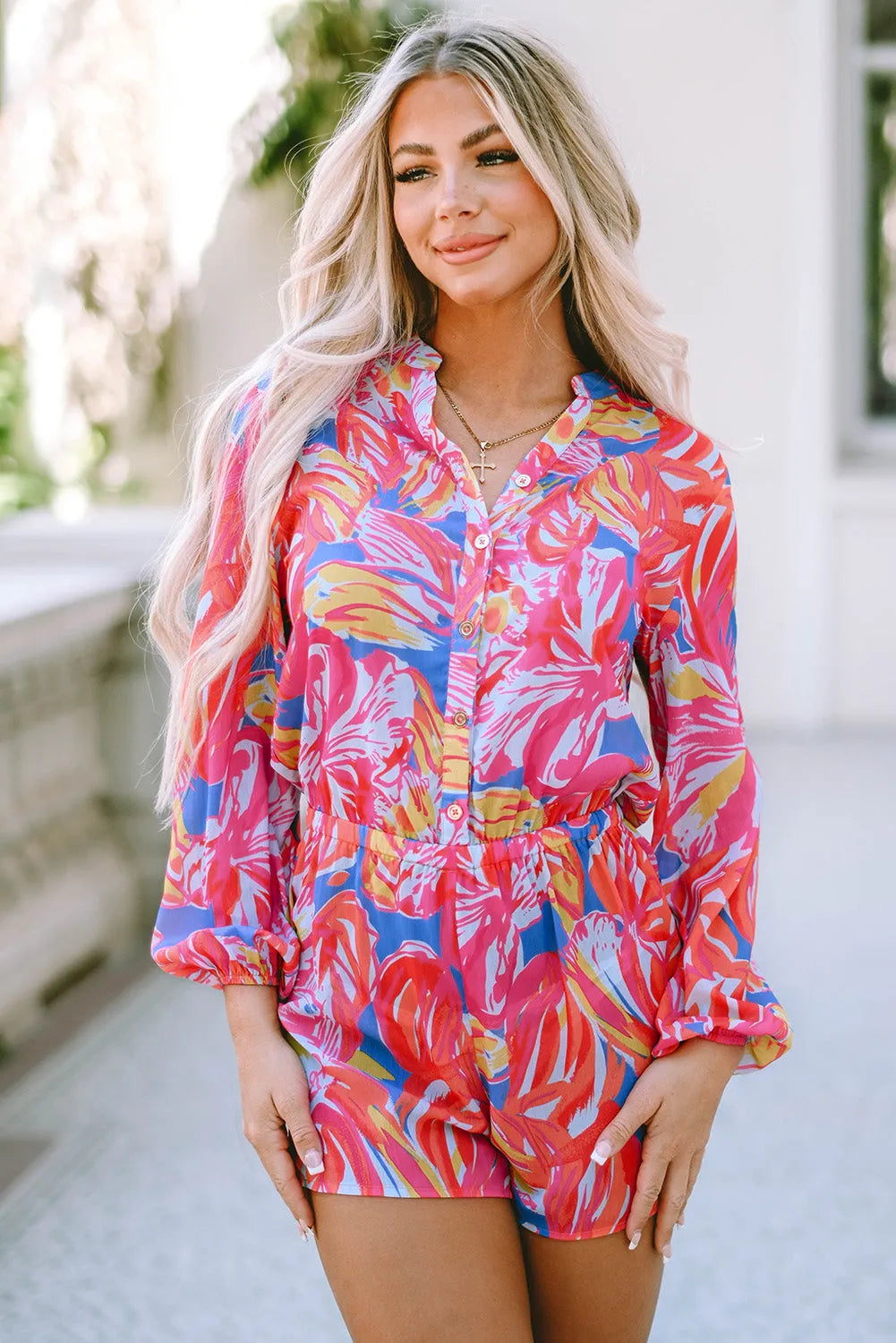 Multicolor Bold Graffiti Print Shirt Button Romper - Chic Meadow Boutique 