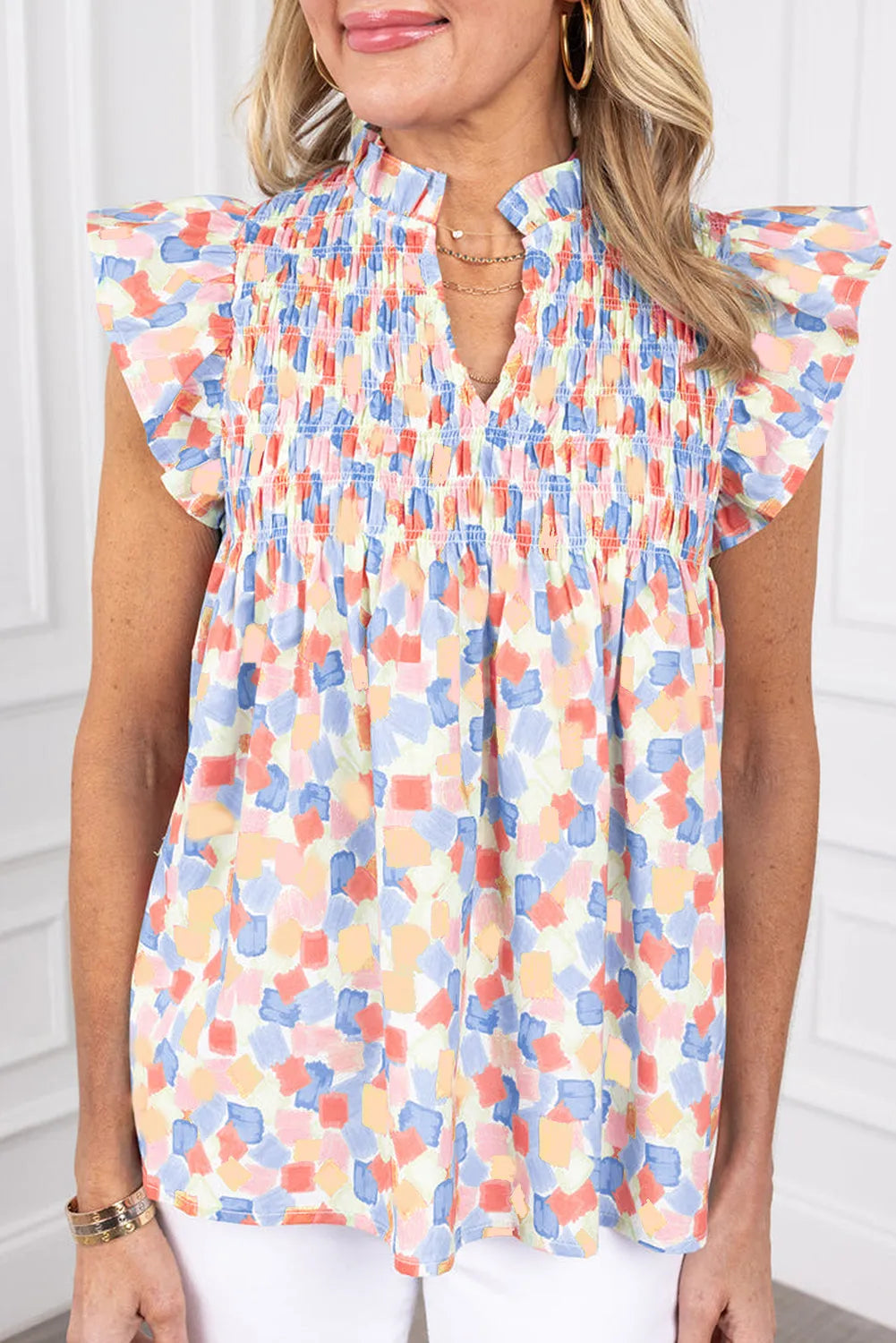 Pink Shirred Yoke Ruffled Abstract Printed Blouse - Chic Meadow Boutique 