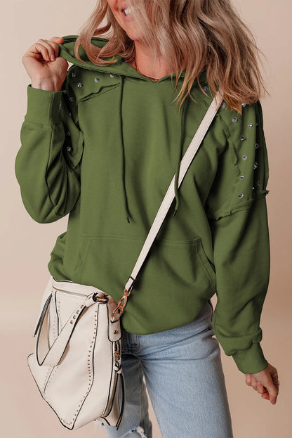 Vineyard Green Solid Color Rivet Stud Raglan Sleeve Hoodie with Pocket - Chic Meadow Boutique 