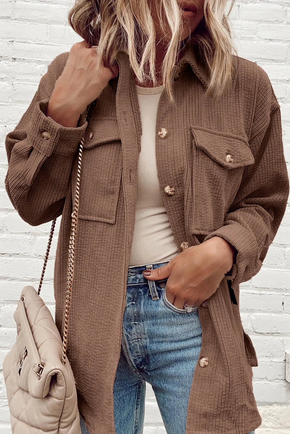 Chestnut Corduroy Flap Pocket Button Up Shacket - Chic Meadow Boutique 