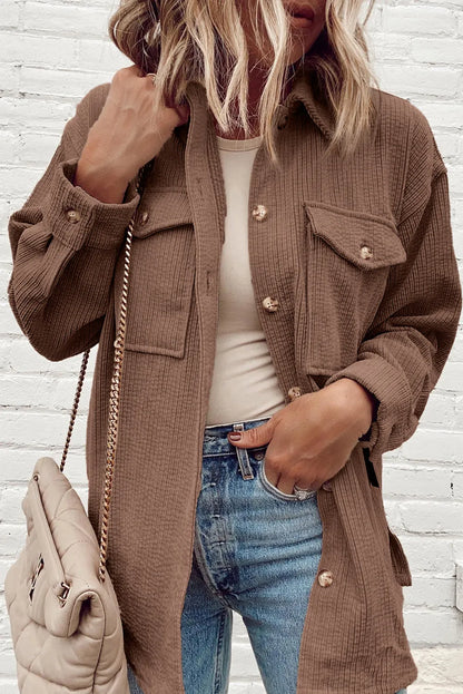 Chestnut Corduroy Flap Pocket Button Up Shacket - Chic Meadow Boutique 