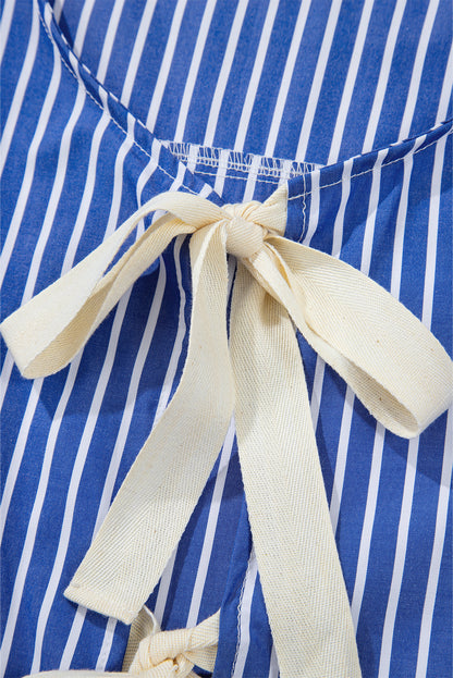 Blue Stripe Tied Front Puff Short Sleeve Blouse