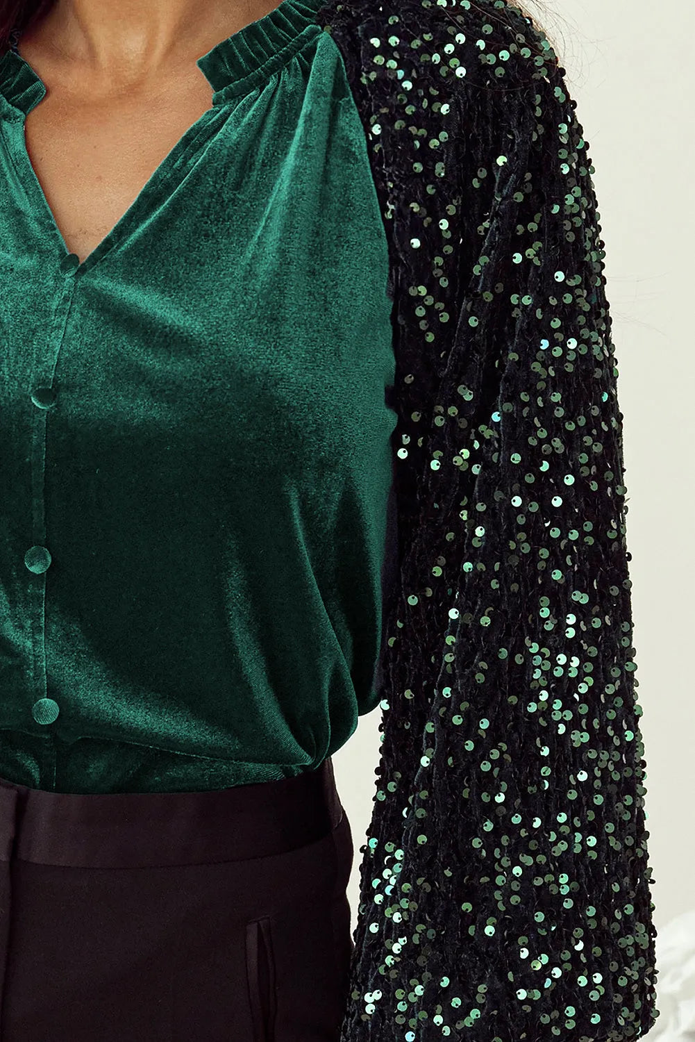 Evergreen Sequin Patchwork Sleeve Button Up Velvet Top - Chic Meadow Boutique 